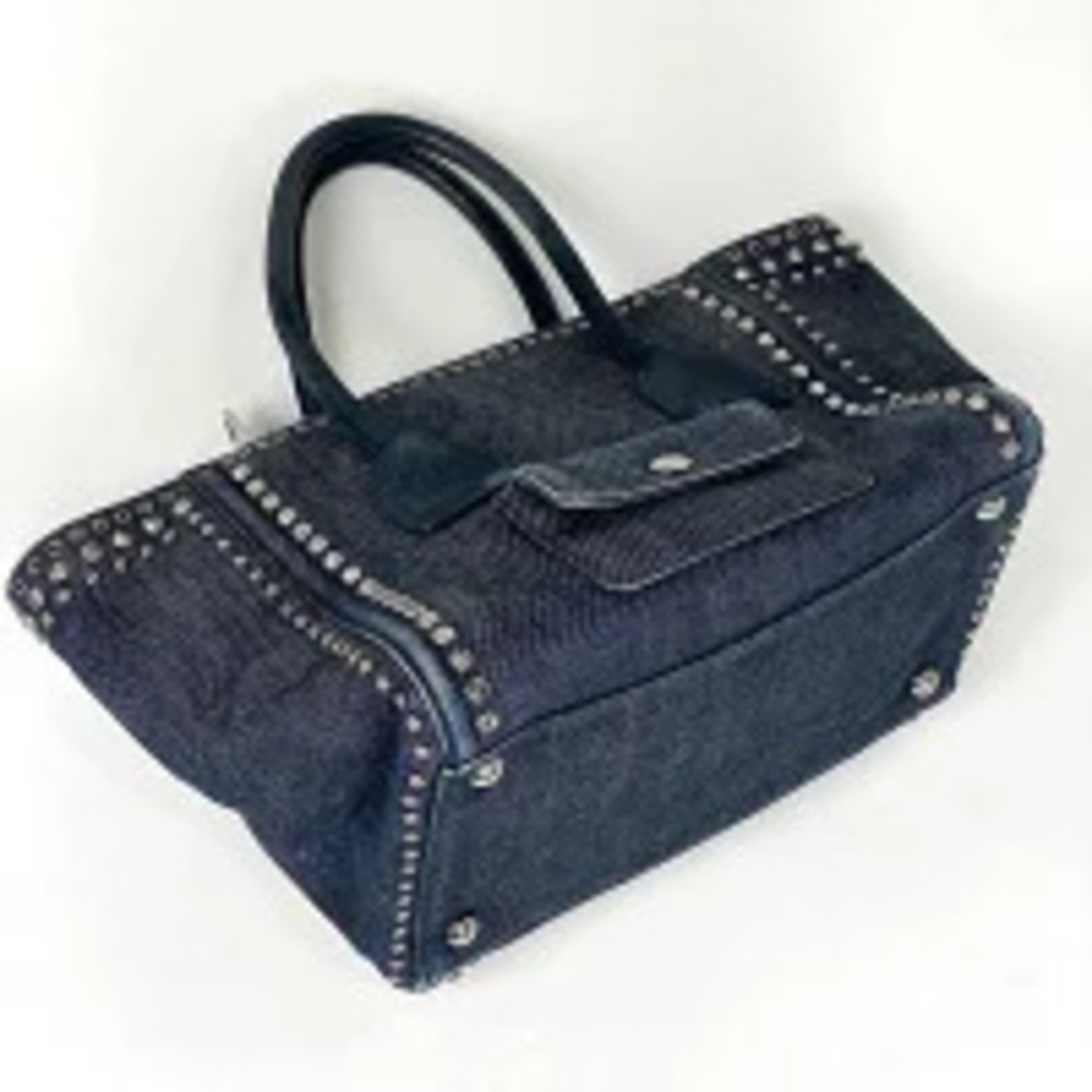 Prada Blue Denim Studs Bag Handbag Jewel Plate Tote Blue